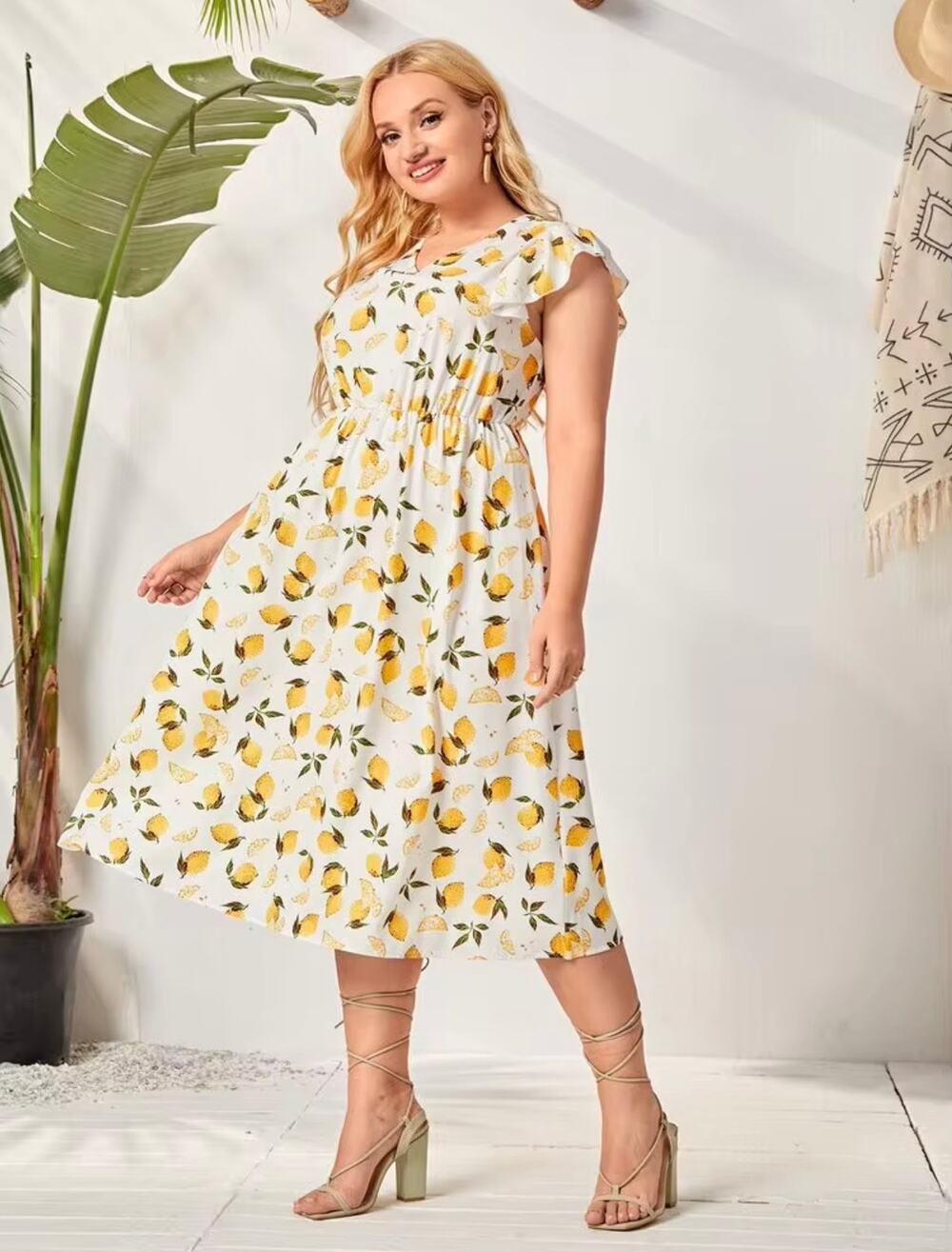 Shein White & Yellow Lemon Print V-Neck Elastic Waist Flutter Sleeve Midi Dress
